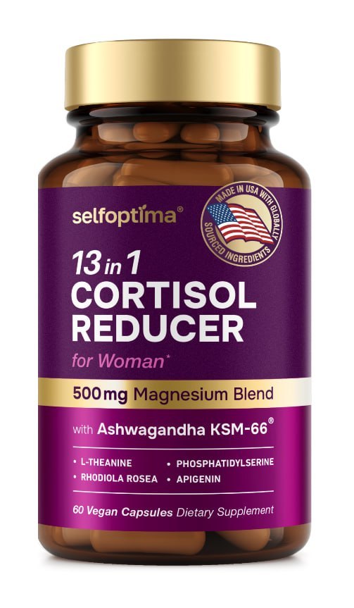 Selfoptima 13-in-1 Cortisol Reducer for Women supplement bottle, 60 vegan capsules with KSM-66 ashwagandha and 500 mg magnesium blend