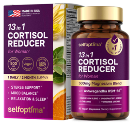 Selfoptima 13-in-1 Cortisol Reducer for Women supplement bottle, 60 vegan capsules with KSM-66 ashwagandha and 500 mg magnesium blend