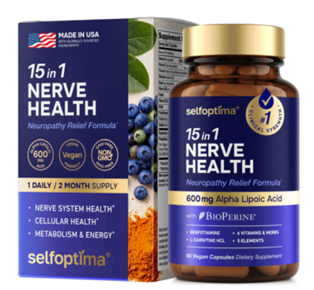 Selfoptima 15-in-1 Nerve Health supplement bottle with 600 mg alpha lipoic acid and BioPerine, 60 vegan capsules