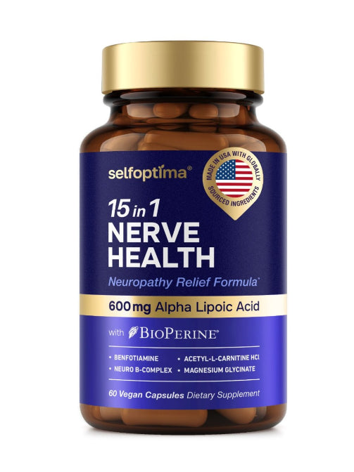 Selfoptima 15-in-1 Nerve Health supplement bottle with 600 mg alpha lipoic acid and BioPerine, 60 vegan capsules